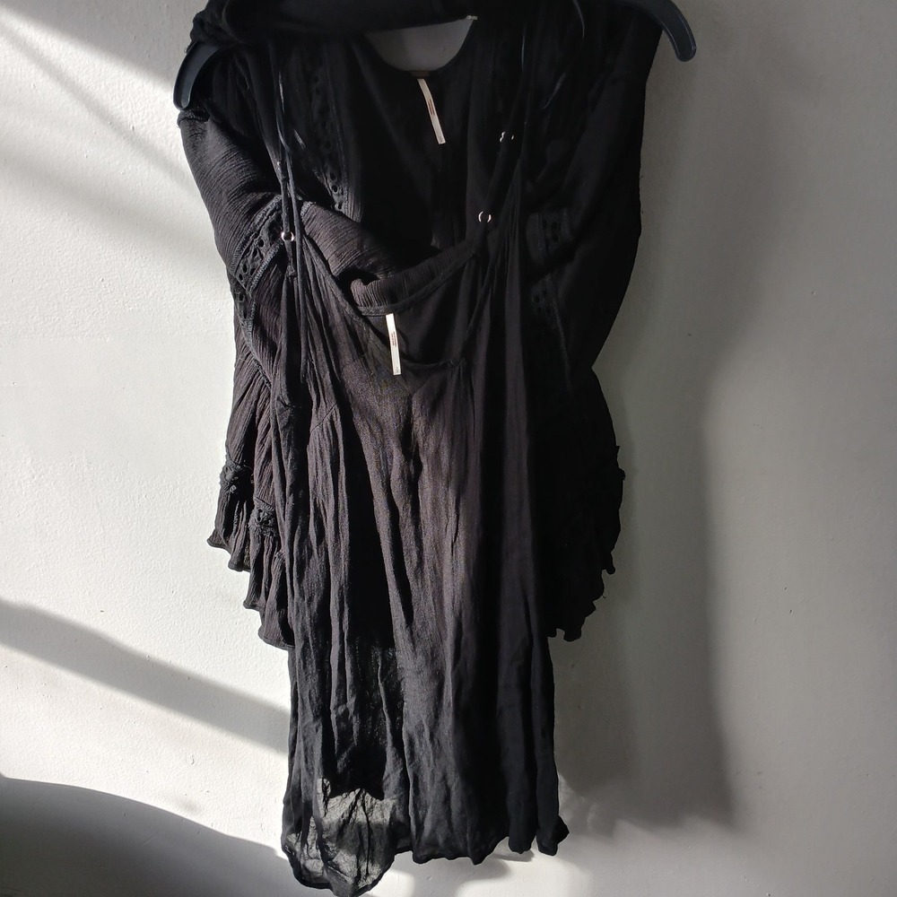 Free People Size Small Snow Angel Mini Dress Black Long Sleeve Bohemian Slip - Picture 9 of 13